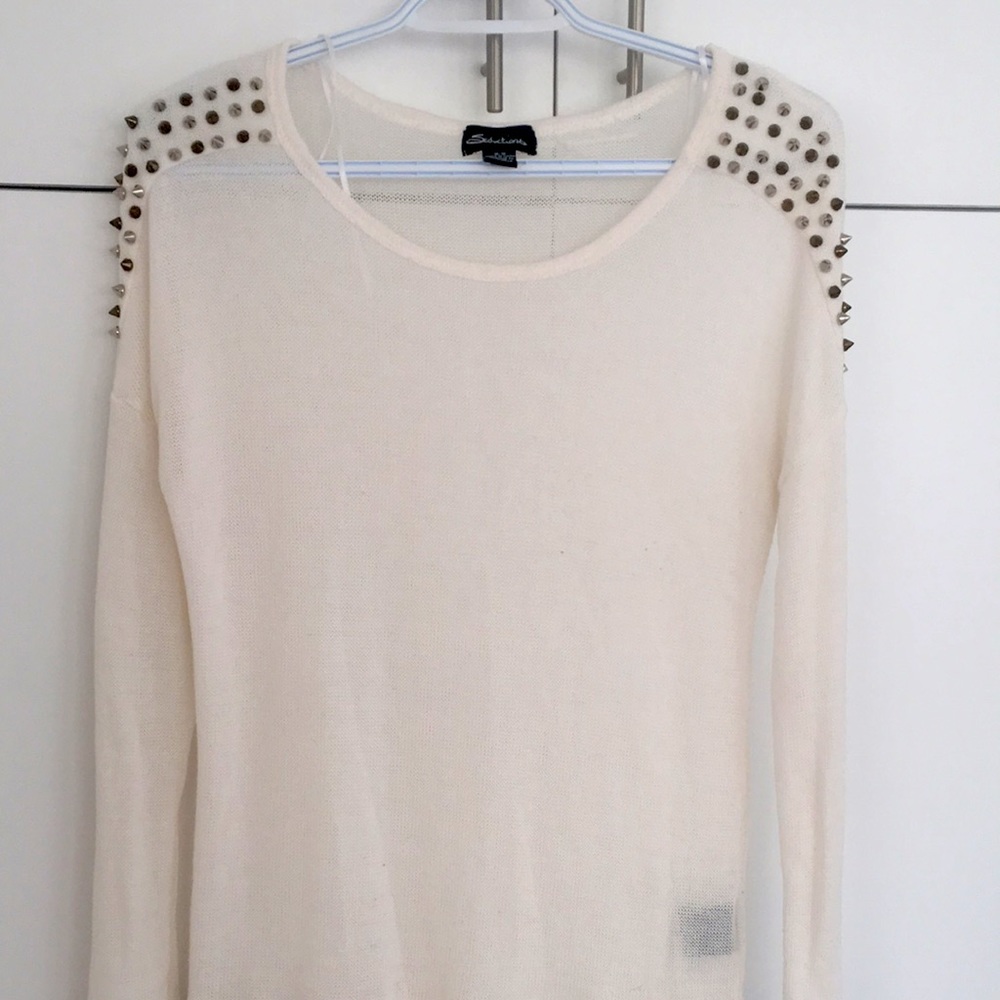 Seductions White Studded Shoulder Sweater Crew Neck Loose Stretch Medium